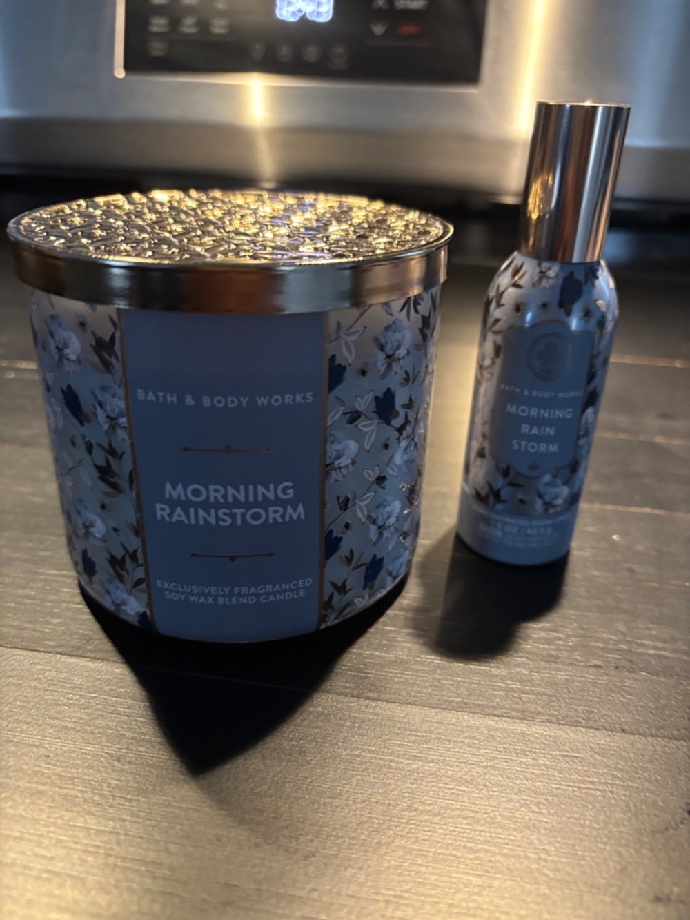 Bath & Body Works Morning Rainstorm Candle & Room Spray - Blue and Silver